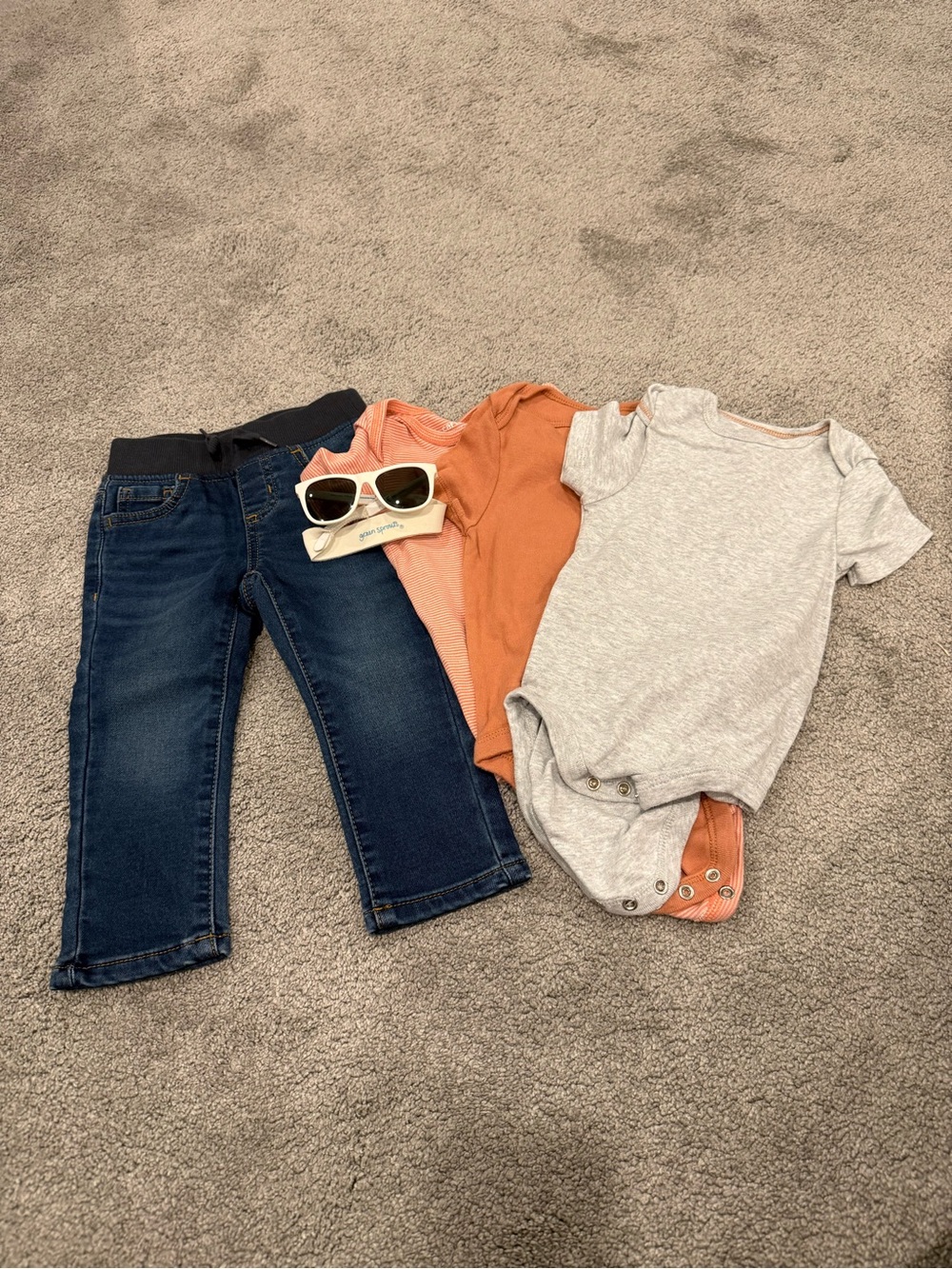 Carter's Peach and White Striped Infant Bodysuit, Jeans, and sunglasses